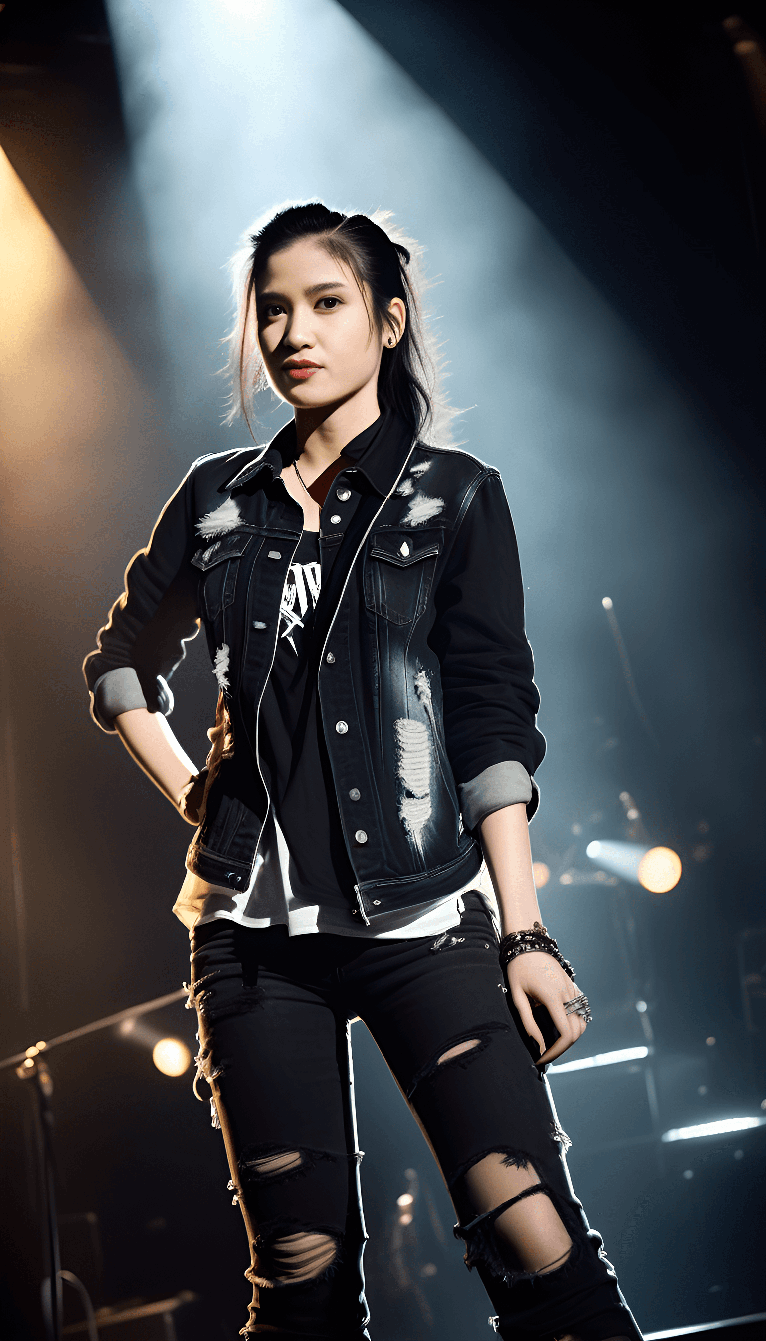 AI generated: a female rock star is on stage, black hair, ponytail, dramatic stage lights, slightly smoky, night, ...