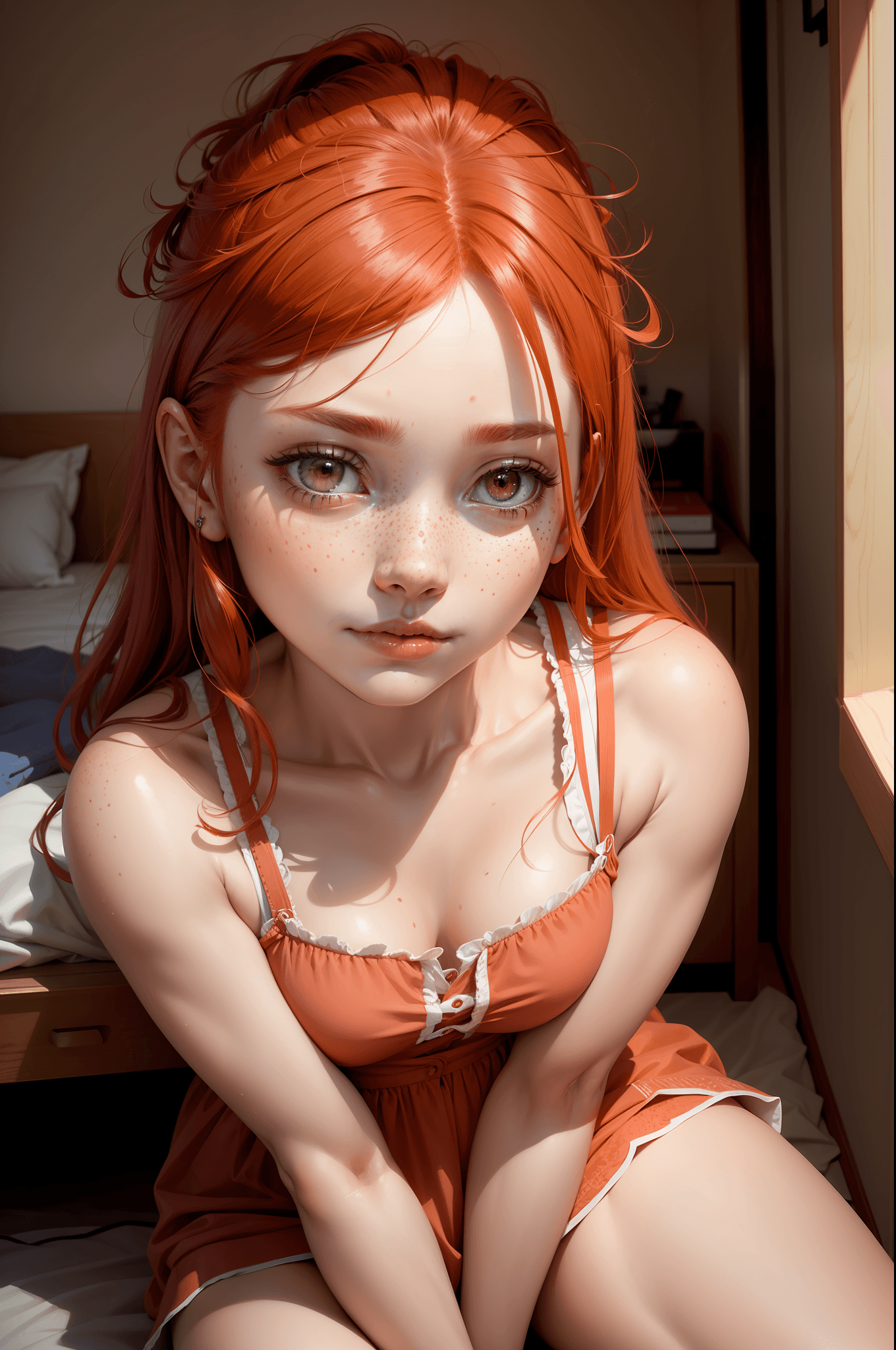 AI generated: a red hair girl, wtih freckles, sitting in her room, ultra detailed face, detailed face,
