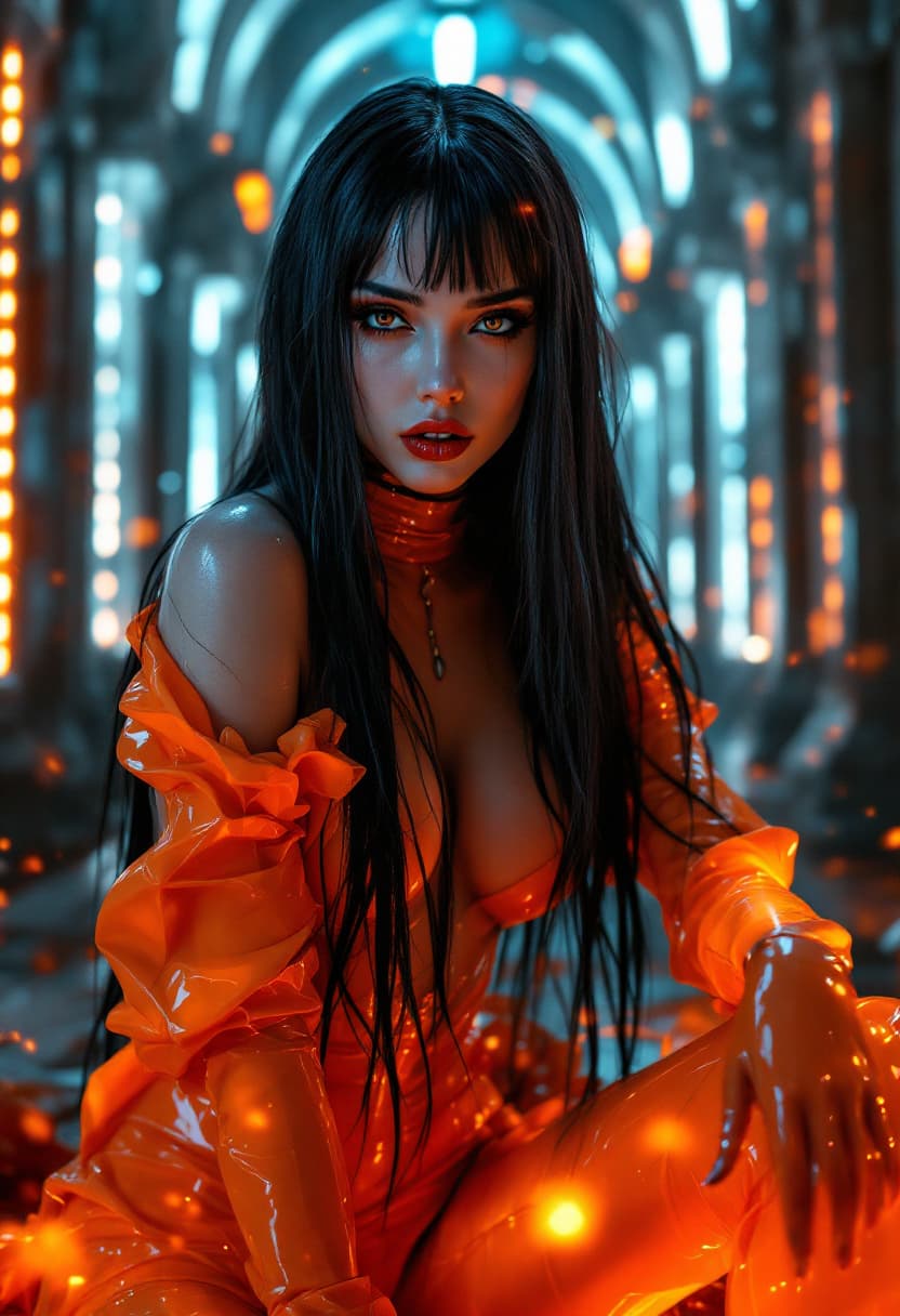 AI generated: Hyper-realistic futuristic portrait of a vampire babe, black long hair, black full body tight orange...