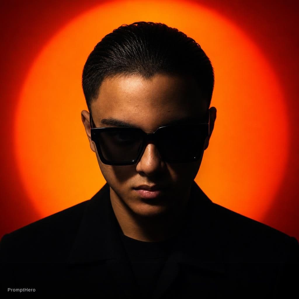 AI generated: A person with slicked-back dark hair wearing oversized square sunglasses is shown in a dramatic, cin...