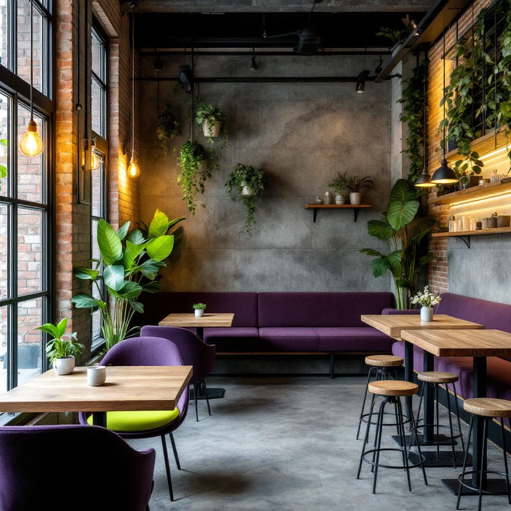 AI generated: A small cozy café with a contemporary Brazilian style, exposed brick walls and cement details. Soft ...