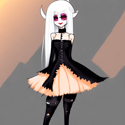 AI generated: Diives style, woman, Black dress, black boots, white hair, peach skin