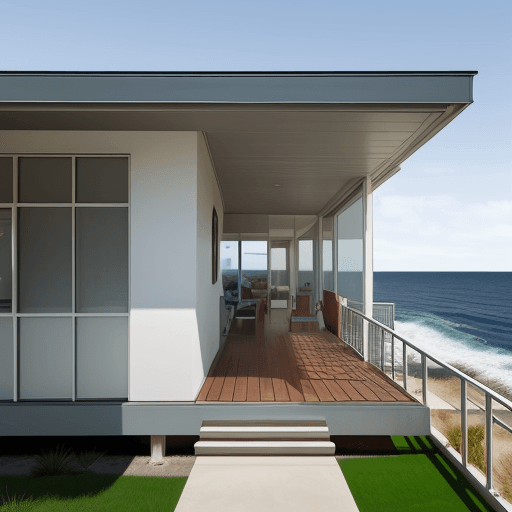AI generated: Hyper-realistic eye level exterior photo of a mid-century modern style house overlooking the ocean, ...