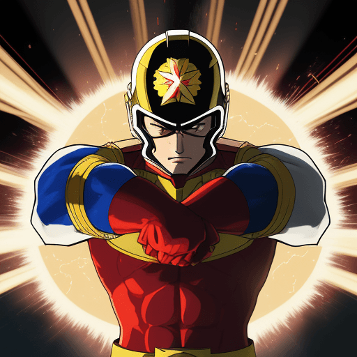 AI generated: An illustration of Captain Explosion with a hard and intense look. Shiny Helmet: His helmet bears a ...