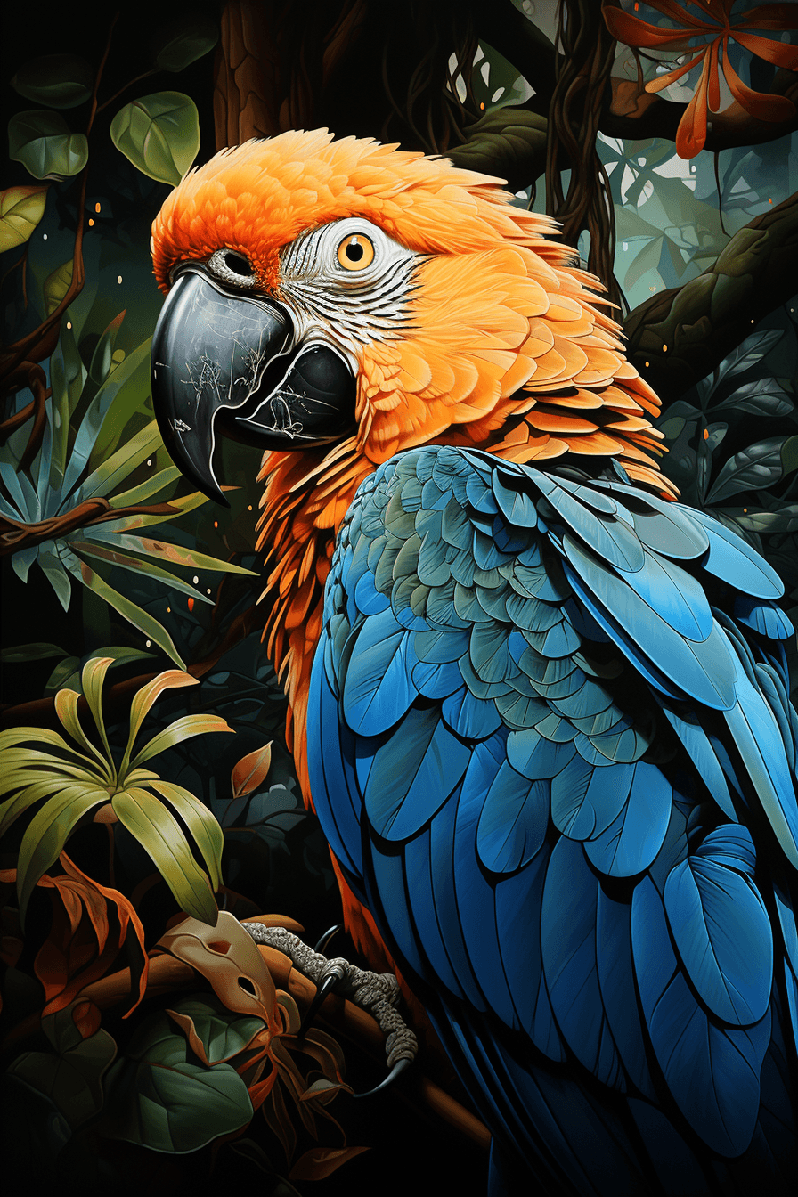 AI generated: A playful parrot with vibrant blue feathers and gleaming obsidian scales detailed with intricate pat...