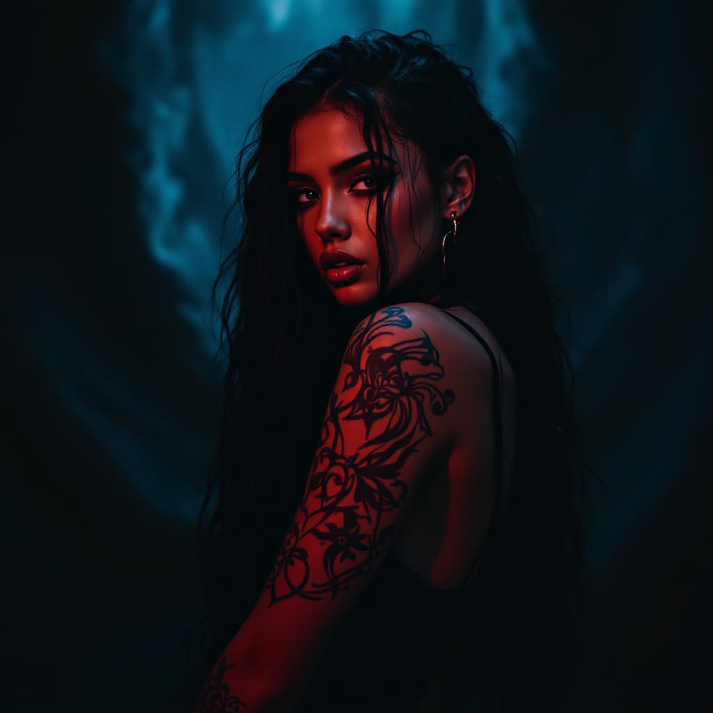 AI generated: a moody, cinematic photograph of a mysterious female rapper with lush, long hair cascading down her ...