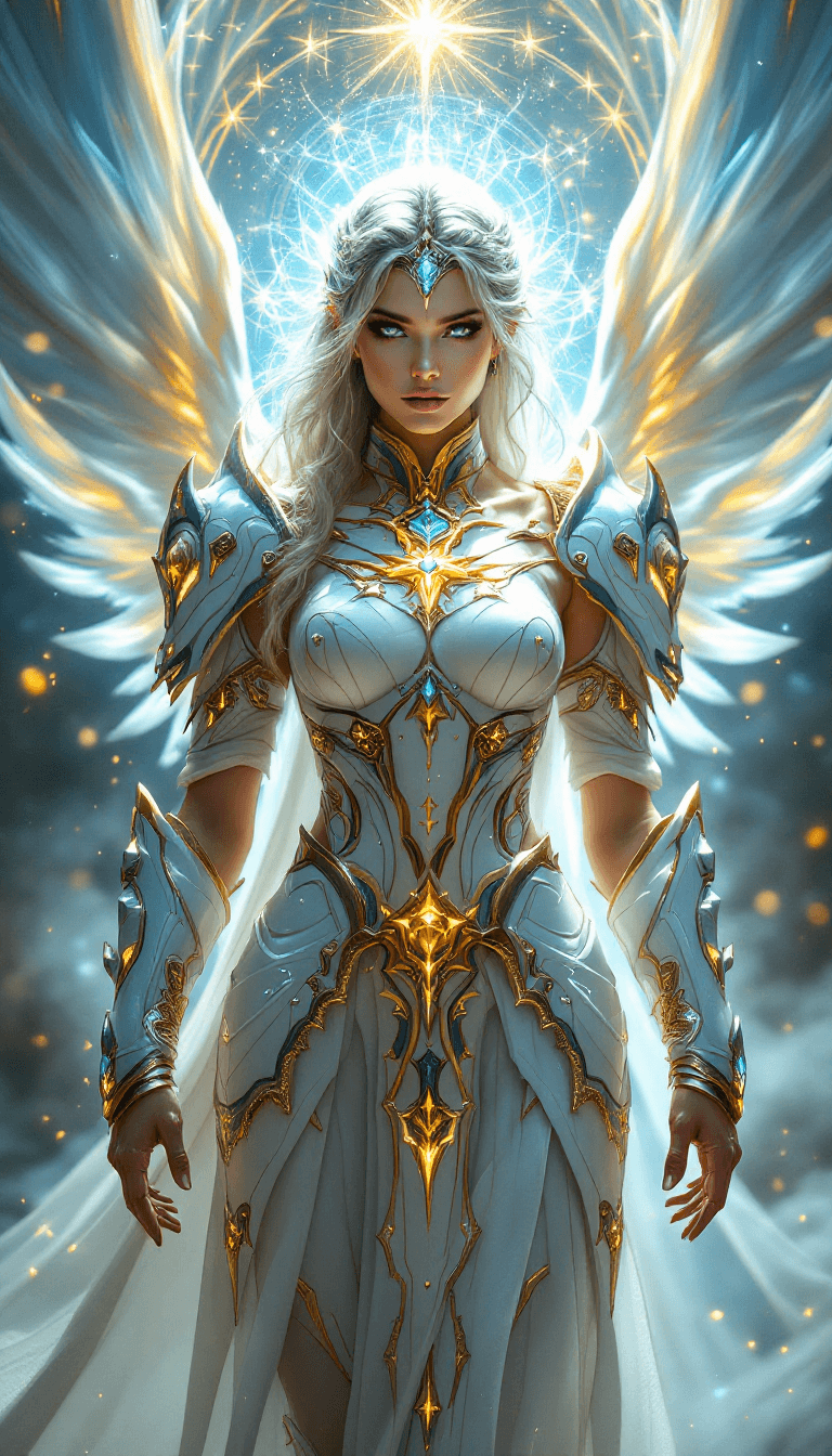 AI generated: An ultra-realistic, full-body portrait of a captivating celestial paladin woman, radiating divine po...