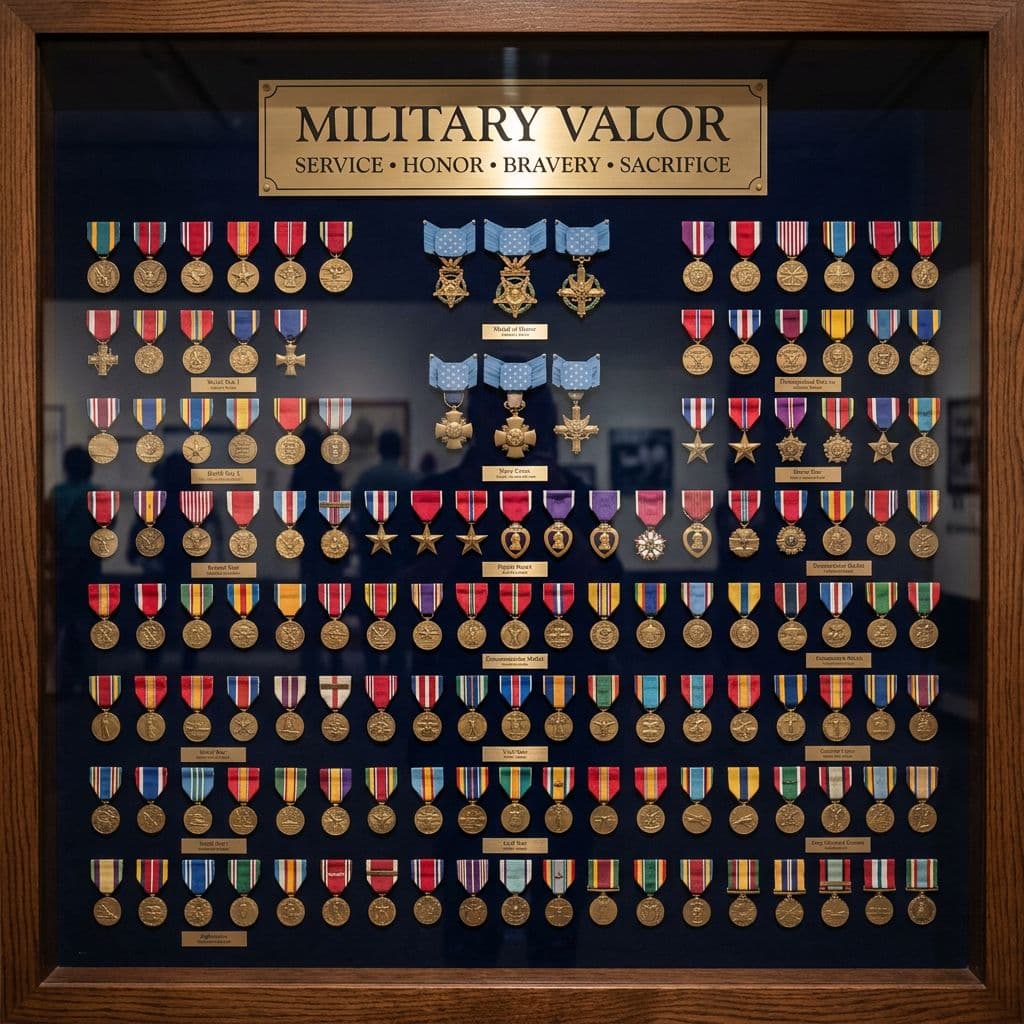 AI generated: Military medals from all branches of service, with the text 'Military Valor.'