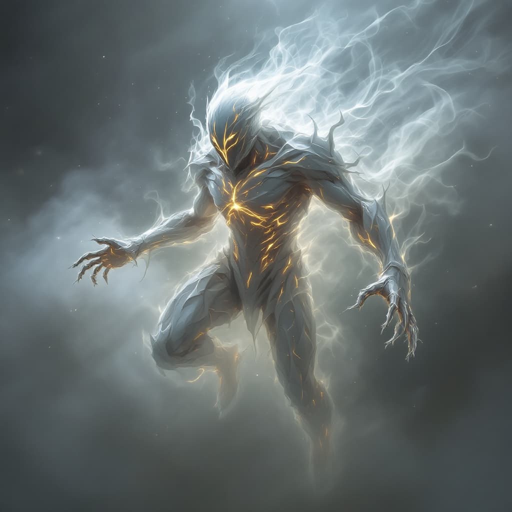 AI generated: A spectre transforming from a misty form to a solid objecy
