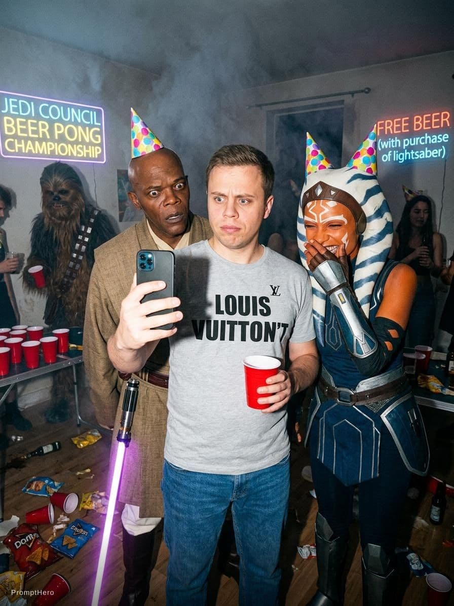 AI generated: A candid, raw, late-night chaos-fueled house party group portrait from a cluttered, smoky room with ...