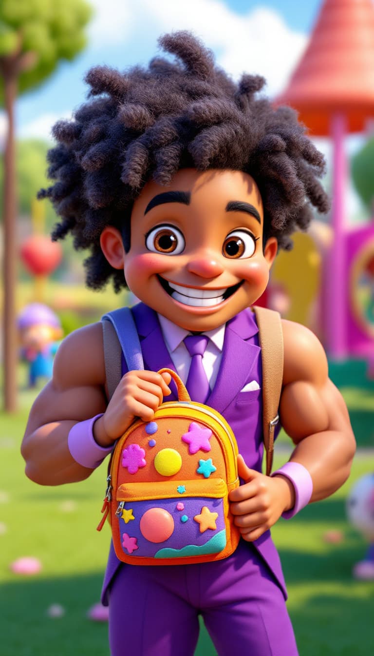 AI generated: A playful character with a purple suit, a big smile, and a muscular physique, holding a colorful bac...