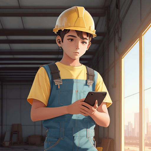 AI generated: illustrations amine a boy talking on a phone during working in construction, background in construct...