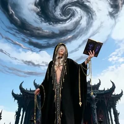 AI generated video: the woman raises the book and her other hand towards the sky and the clouds turn red.