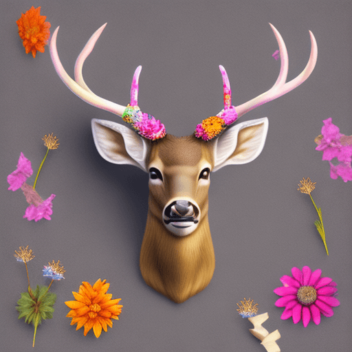 AI generated: High resolution, realistic deer head,antlers 12ender, small colorful flowers on antlers, without bac...