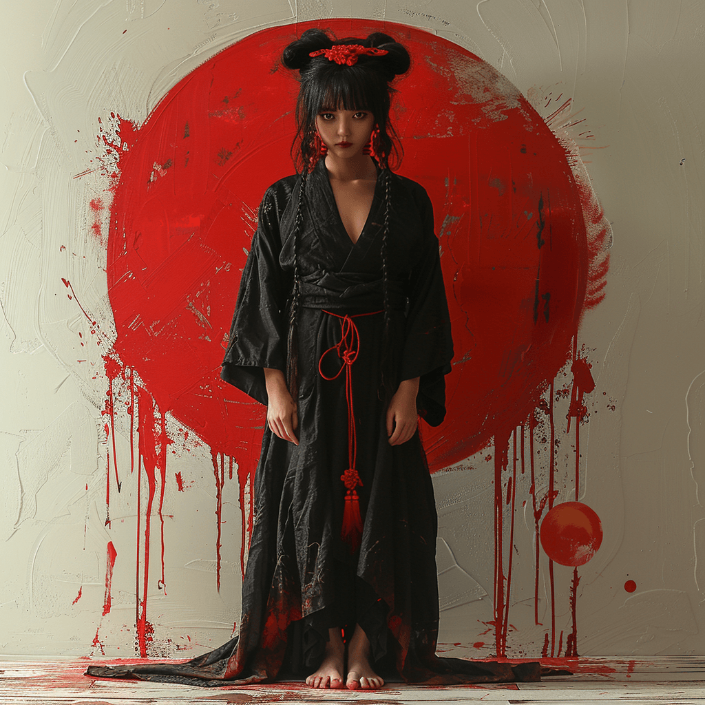 AI generated: a girl with black hair, Asian appearance, in a black kimono, with a red decoration in her hair, bare...