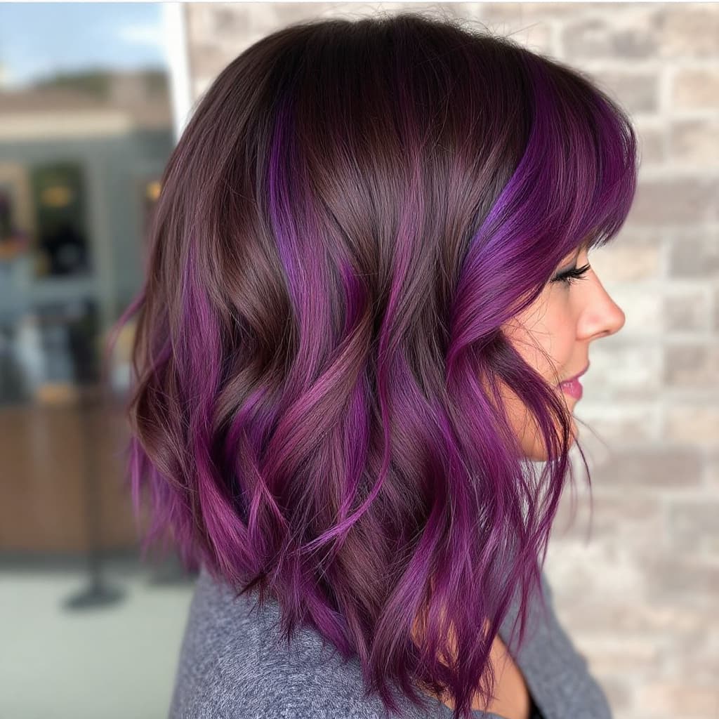 AI generated: High contrast rich deep dark chestnut brown to intense magenta balayage women hair brown to bright w...