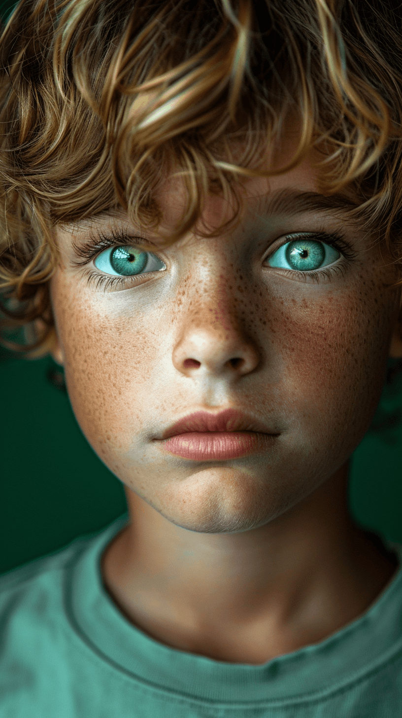 AI generated: photography, front shot, face close-up, boy model, gaze, background is solid, capturing a model's br...