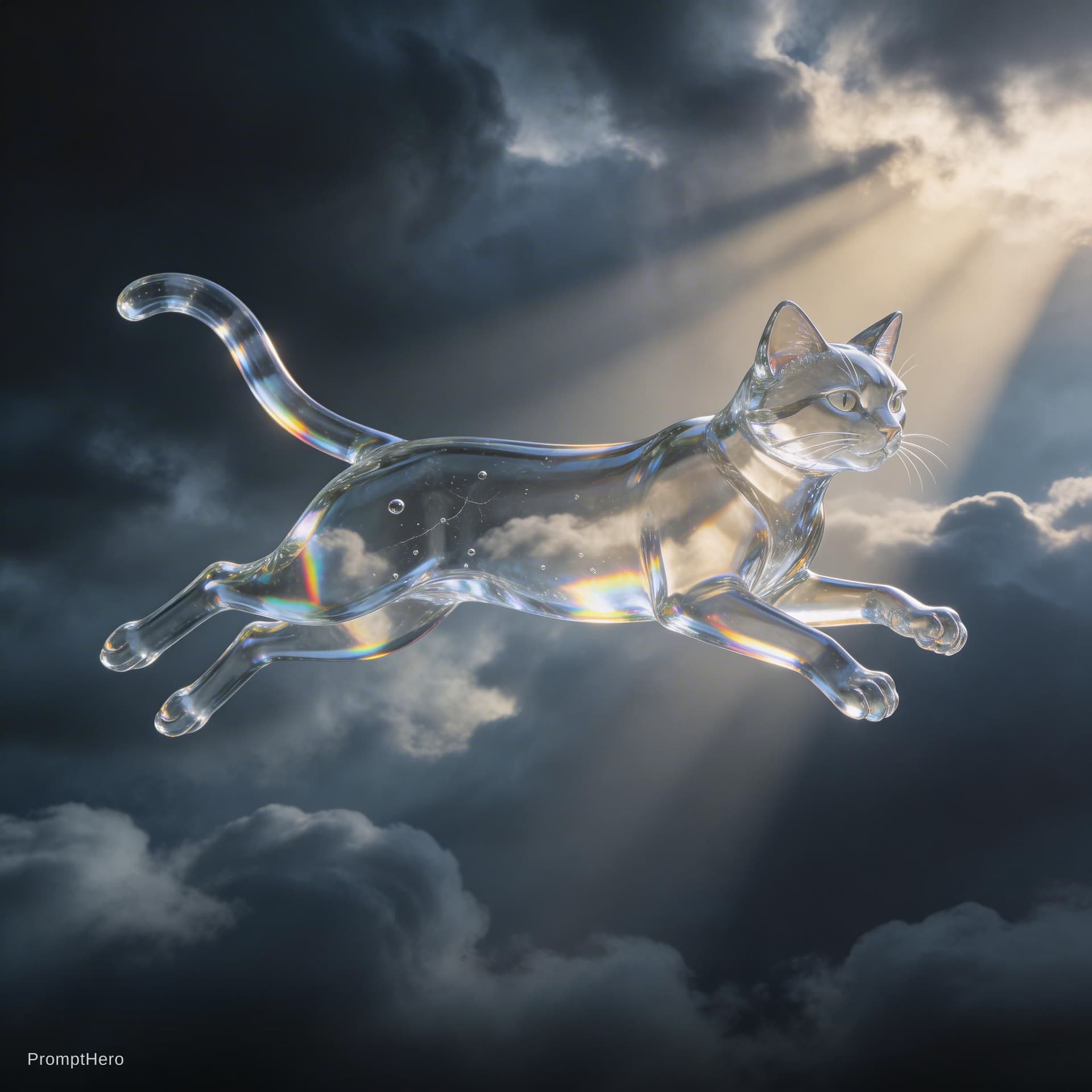 AI generated: masterpiece, best quality, ultra-detailed, 8k, cinematic lighting, a majestic transparent glass cat ...