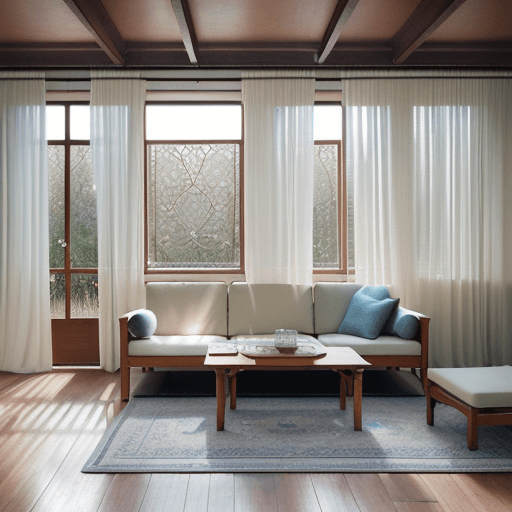 AI generated: A handsome boy, dreamy sunken living room conversation pit, wooden floor, small windows opening onto...