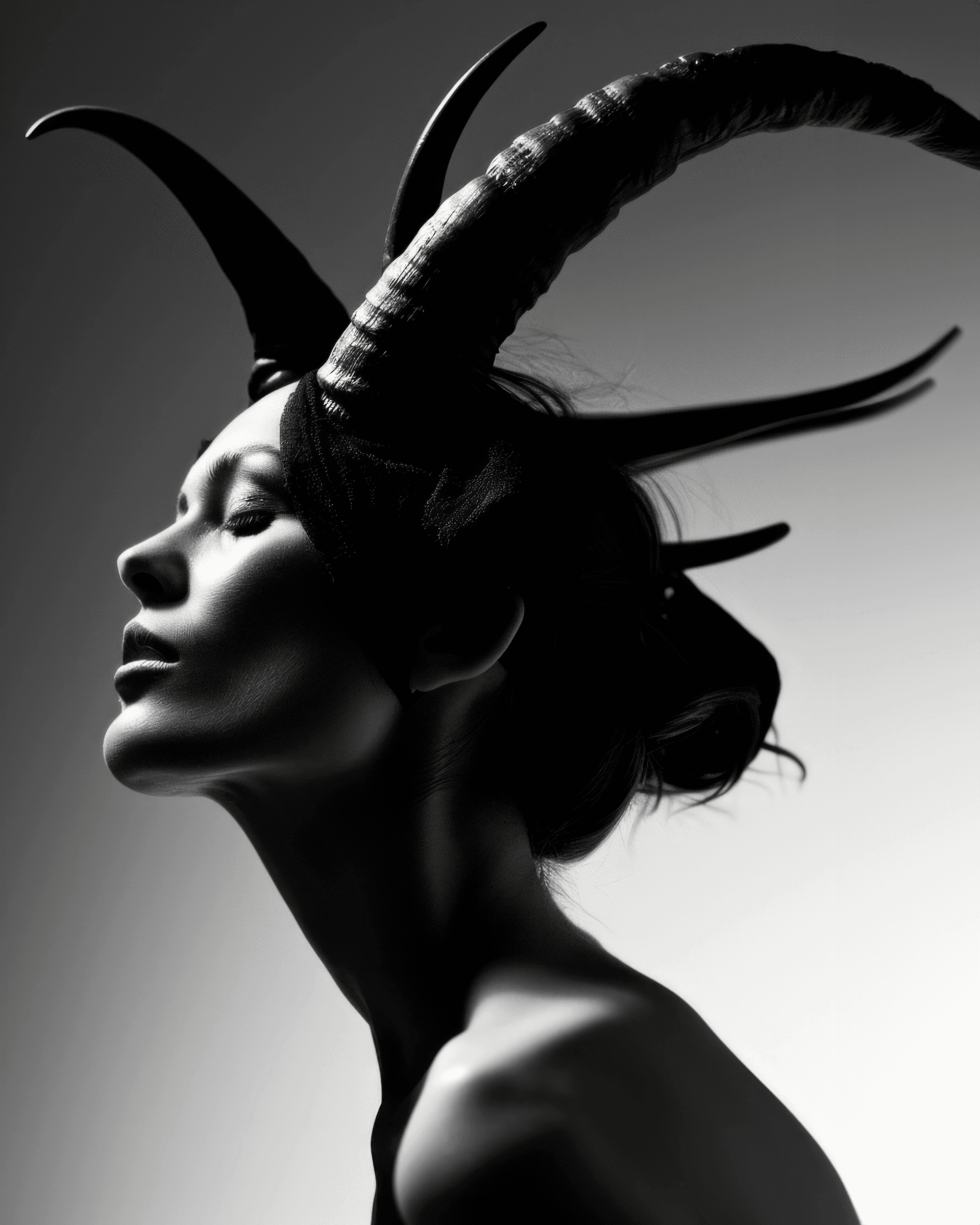 AI generated: a black and white picture of a woman posing with horns on her head, in the style of brian jungen, st...