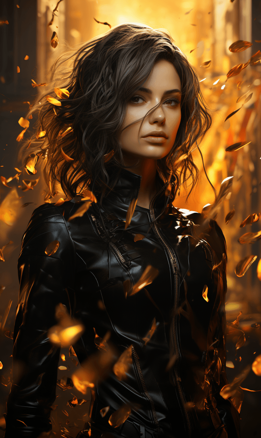 AI generated: the woman is dressed in a futuristic black leather suit, in the style of animated gifs, soft-focused...