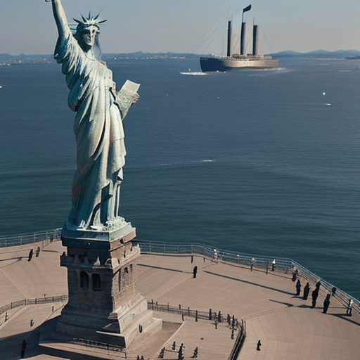 AI generated: Statue of liberty looking down on titanic sailing in to port on a sunny day,  blonde lady looking up...