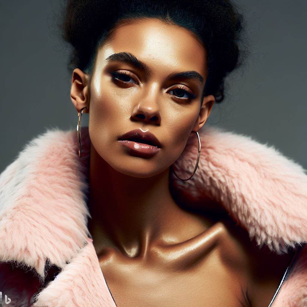 AI generated: commercial portrait a beautiful multiracial girl in pink jacket, chiseled cheeks, tearful eyes, domi...