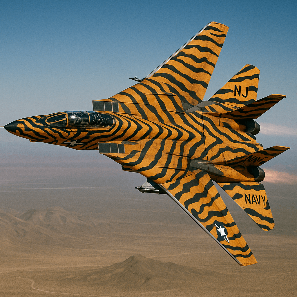 AI generated: Une photographie réaliste d’un avion de chasse US Navy F-14D Tomcat en vol. L’avion est représenté d...