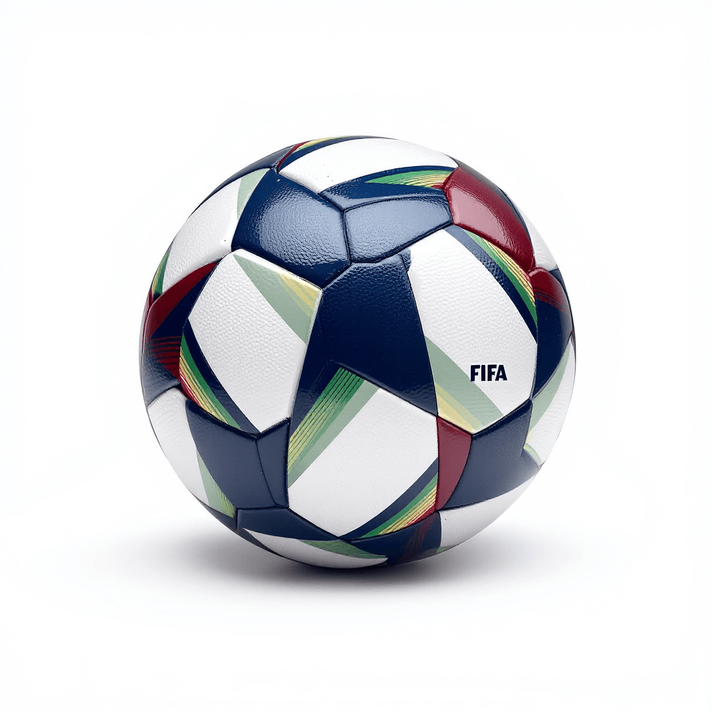 AI generated: An image of a FIFA soccer ball with dark blue, dark red, green, and white pentagons. --stylize 750