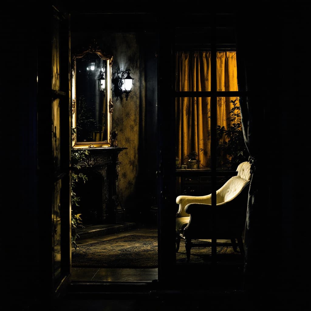 AI generated: A dark room seen from outside, is night, the lighting is dim ,it is a woman's room