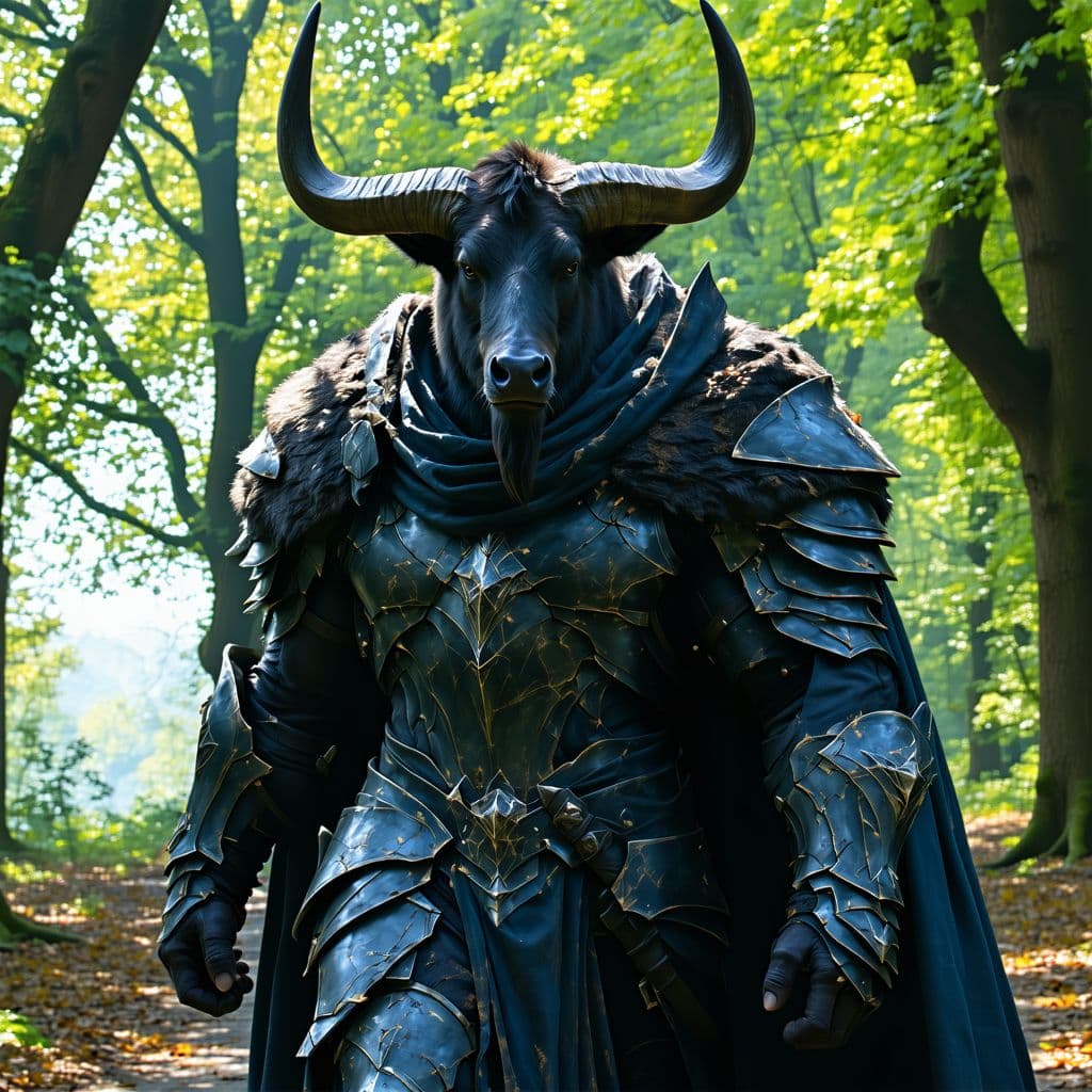 AI generated: A minotaur warrior, his face with humanoid features, clad in battered black armor. His fur-lined clo...