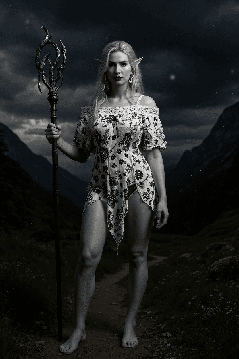 AI generated: full shot, full-length portrait, wide field of view, showing entire body, fantasy, nude elf with blu...