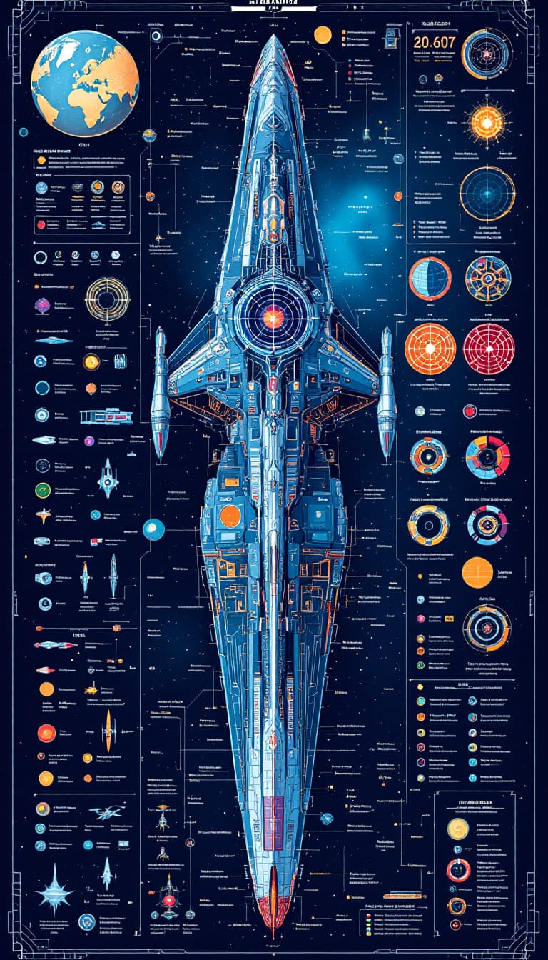 AI generated: intricately detailed scientific chart of an starship , hand drawn illustrations in full colour, show...