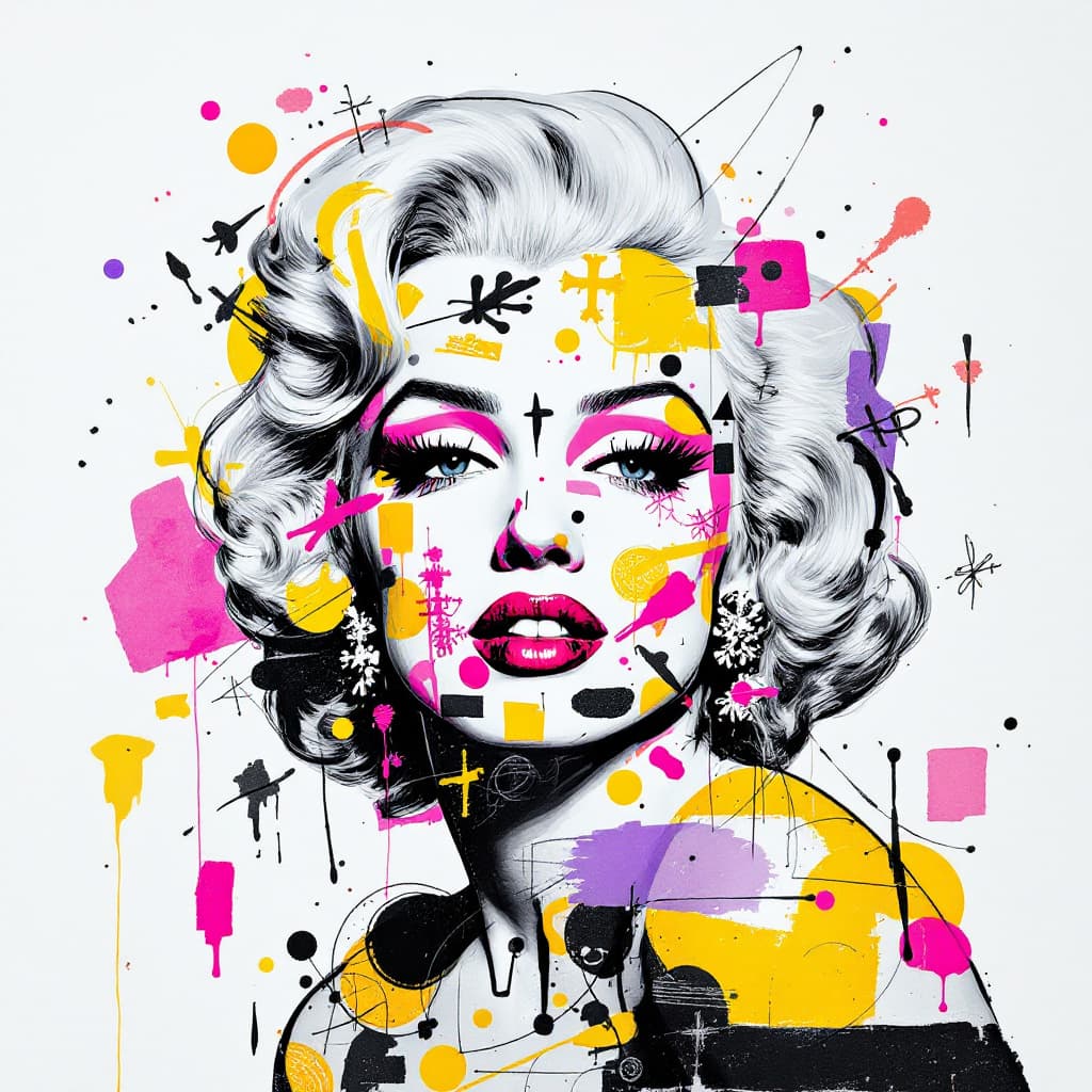 AI generated: A mixed media collage featuring a Marilyn Monroe figure with expressive eyes, adorned in vibrant pat...