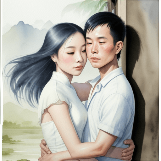AI generated: watercolor scene of two Vietnamese lovers in a war-torn country, embracing each other as they contem...
