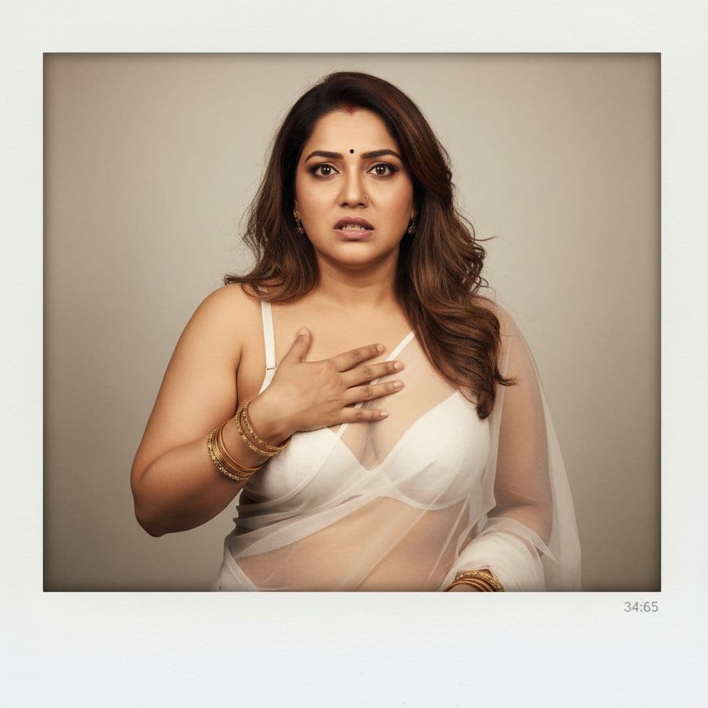 AI generated: Shuhani shah,  one hand on chest,biting her lip, 40- 48 years old, brown hair, Indian hair style, sa...