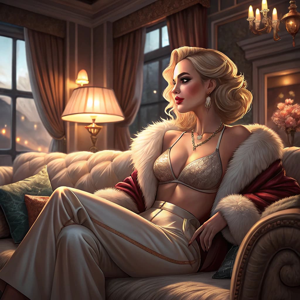 AI generated: A blonde bombshell mom, she wears revealing clothes, she is in a cozy warm penthouse sitting on the ...