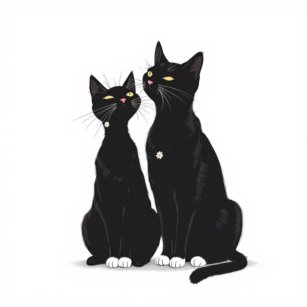 AI generated: 4 different 
black Cat  sitting posed with white paws and flower in a Takeshi Kitano style, in a min...