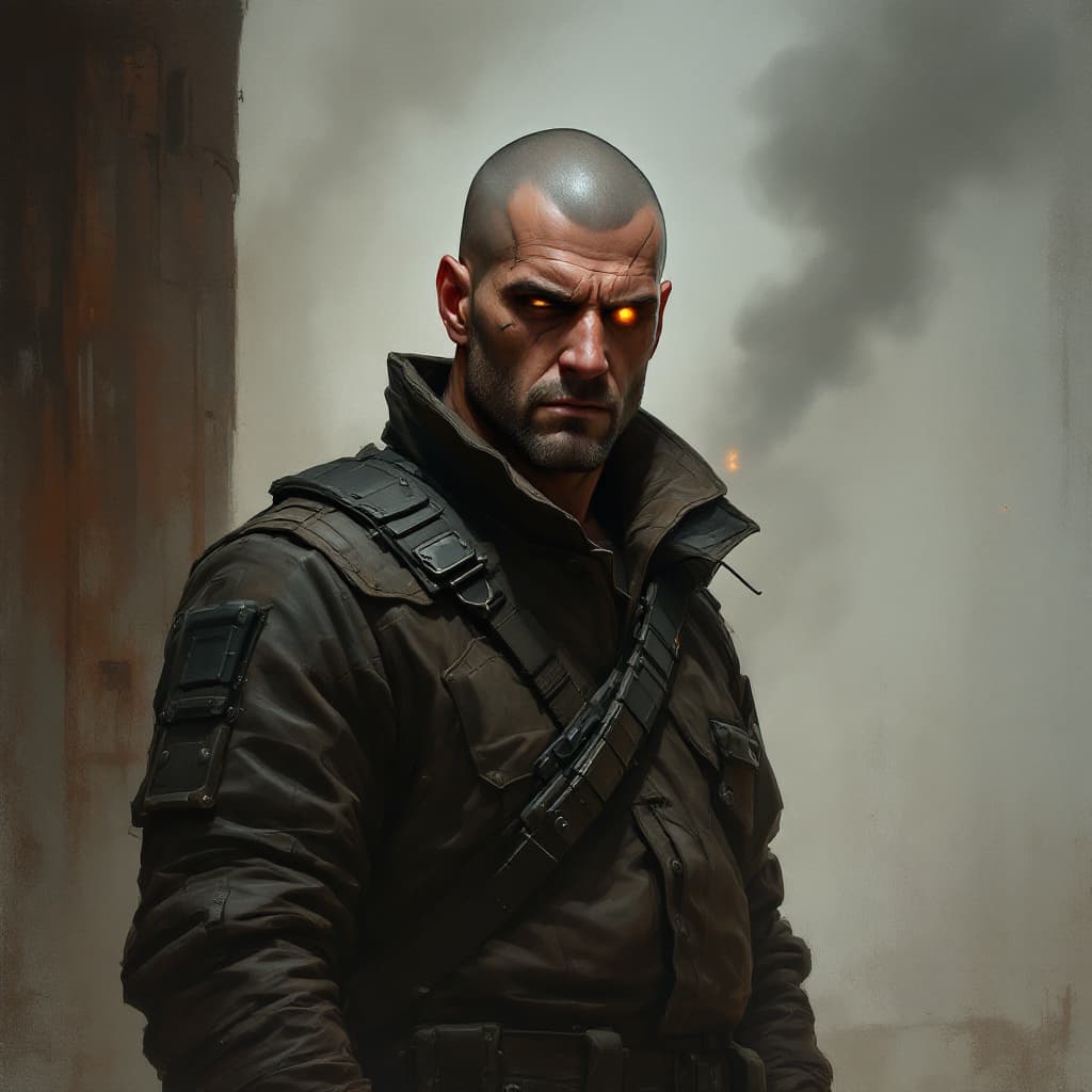 AI generated: A stoic ex-soldier with a shaved head and stern expression, one cybernetic eye glowing amber, light ...