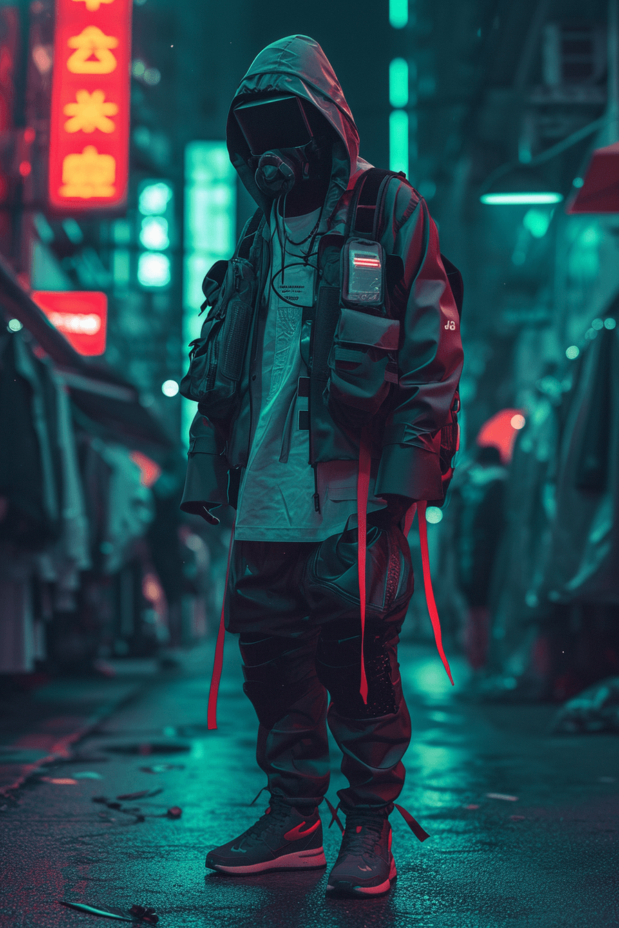 AI generated: cyberpunk guy techwear streetwear look and clothes, we can see them from feet to head, highly detail...