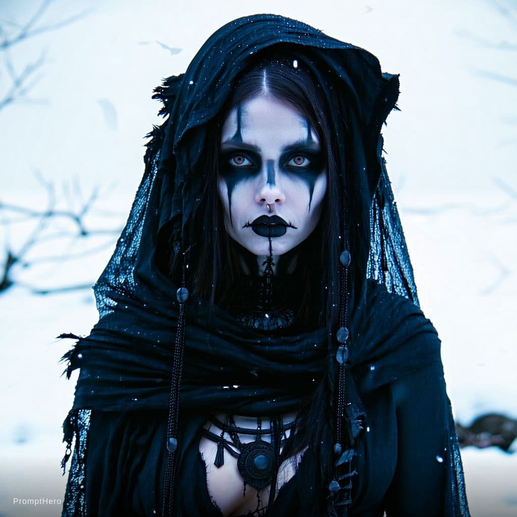 AI generated: Design a photorealistic portrait of a nude woman with dark makeup and makeup art, set in a dark conc...