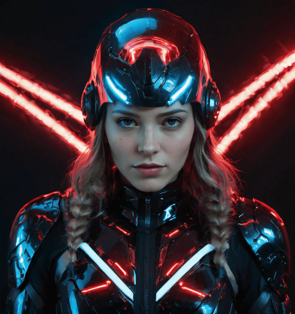 AI generated: Futuristic cyborg girl featuring a captivating cybernetic helmet adorned with vibrant triangular red...