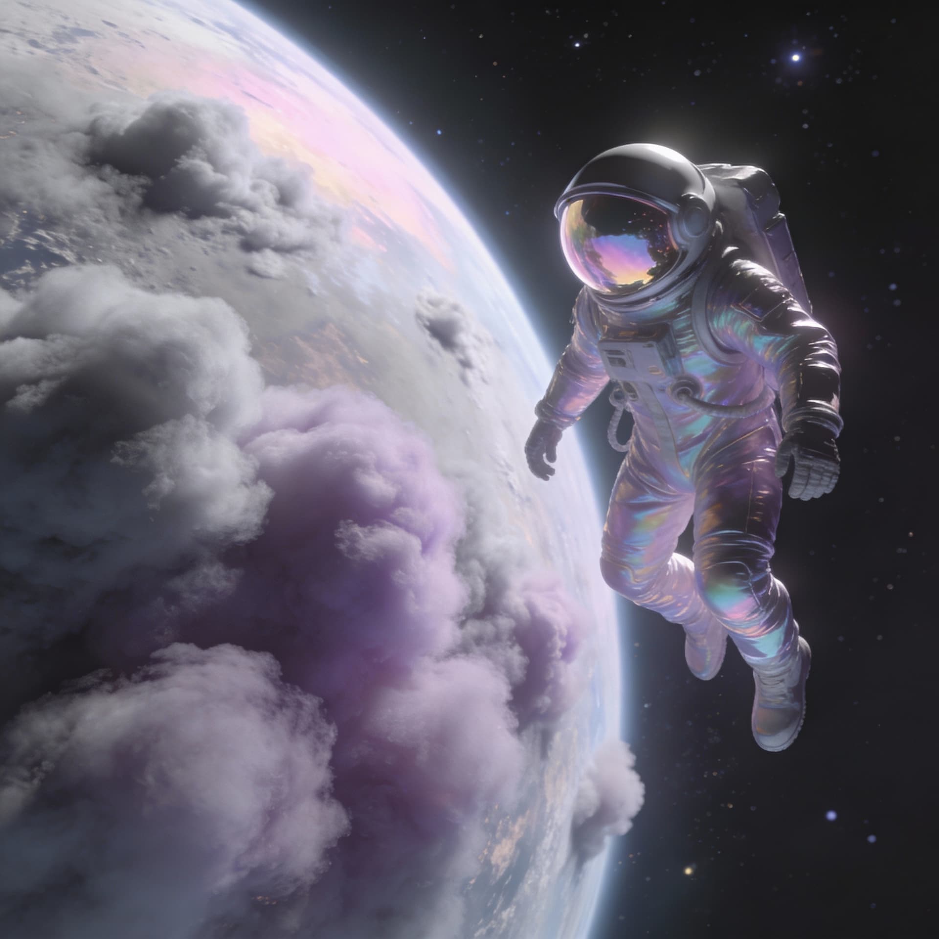 AI generated: hazme un astronauta futurista llegando a un planeta que parezca algodón de color morado grisáceo