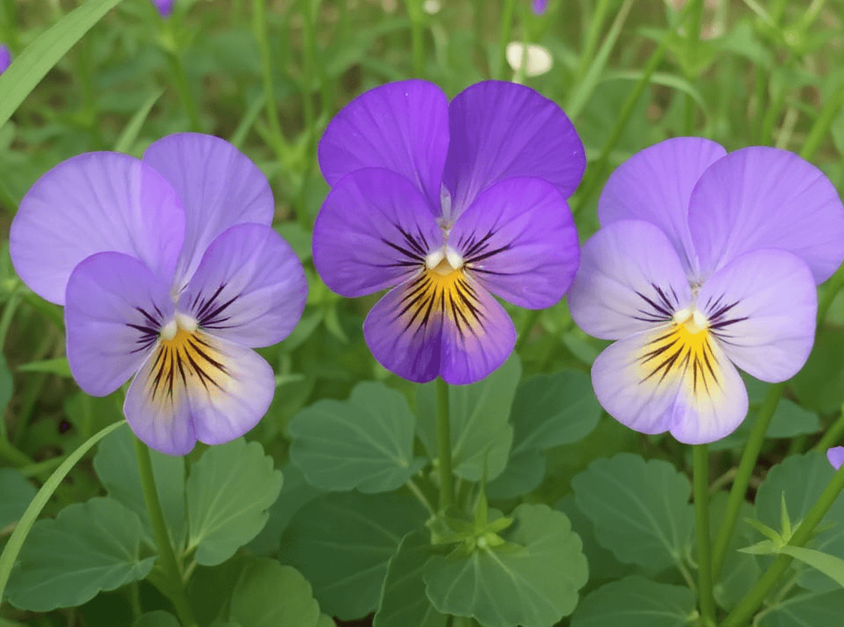 AI generated: Use the photo of 3 violets as a base. Animate the violets into talking flowers. Flower one has a hap...