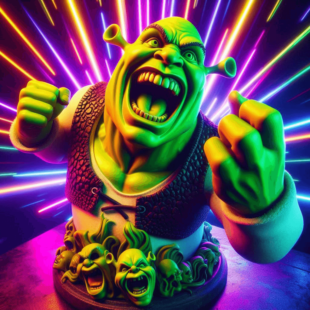 AI generated: Dramatic psychedelic cheesy disco sculpture of angry laughing Shrek