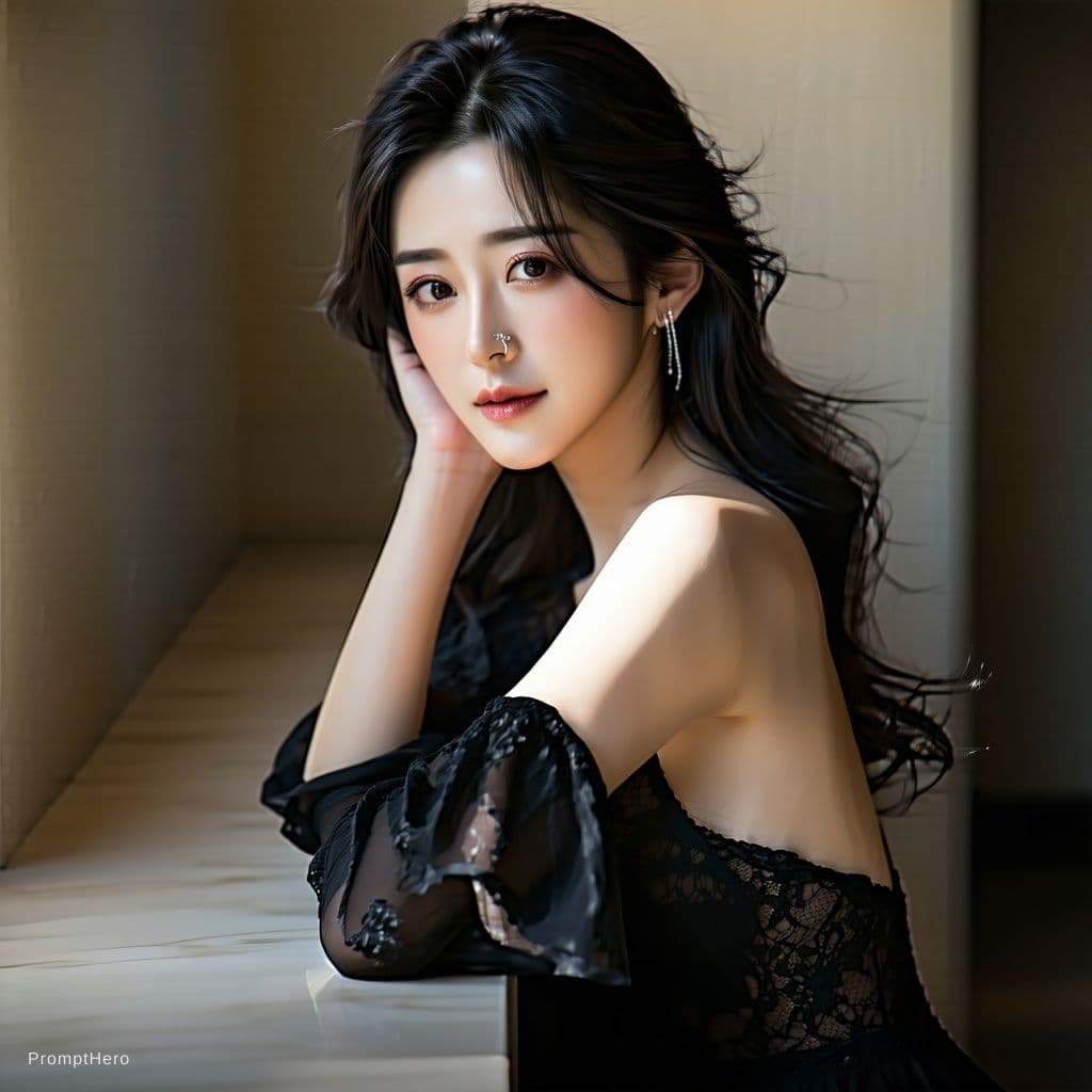 AI generated: a stunning, photorealistic portrait of a beautiful woman in an intimate and serene indoor setting. S...