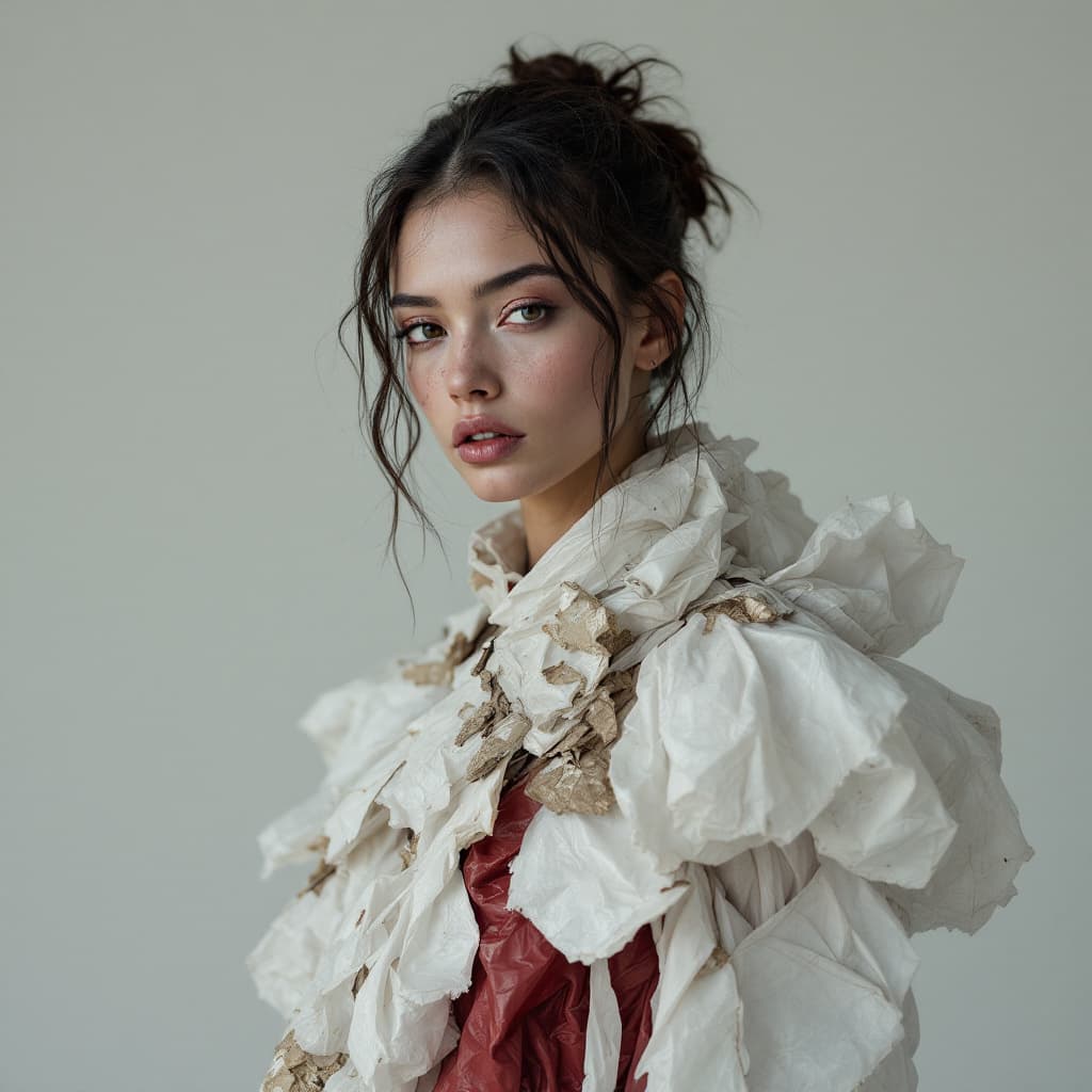 AI generated: high fashion portrait of a woman with rough skin, wearing a dress made from tattered plastic bags an...