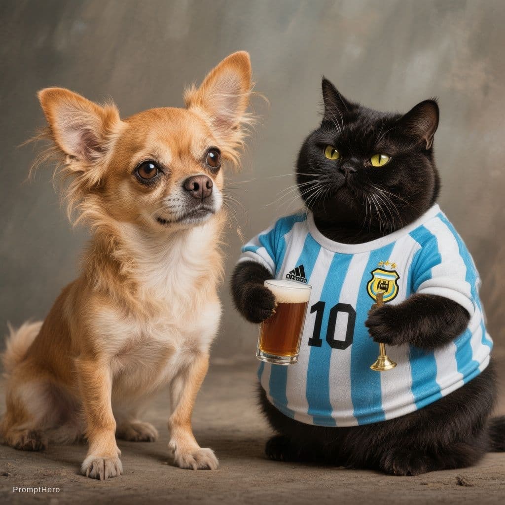 AI generated: haz una imagen de un perro chihuahua con un gato negro gordito con una camiseta de argentina con el ...