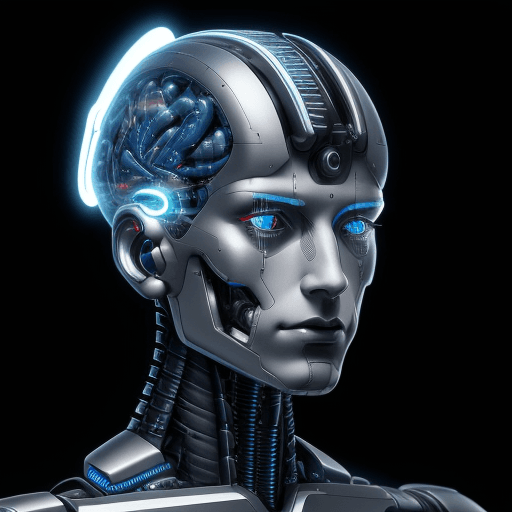 AI generated: Electronic system on head humanoid, cyborg man, with a visible detailed brain,canon m50 100m| sharp ...