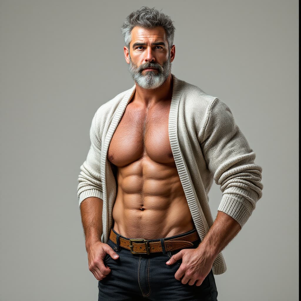 AI generated: full body, six pak abs, medium muscular, large bulge in pants, show face of original, salt and peppe...